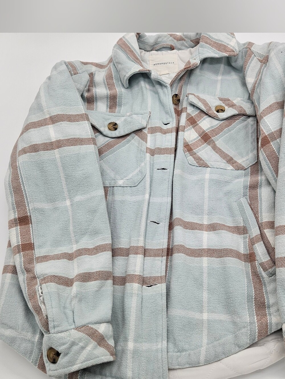 Aeropostale Women's Pale Blue and Brown Plaid Shacket